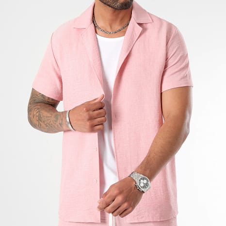 LBO - Ensemble Chemise Manches Courtes Et Short Effet Lin 1176 Rose