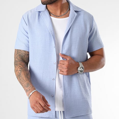 LBO - Conjunto Camisa Manga Curta E Calção de jogging Efeito Linho 1177 Azul Claro