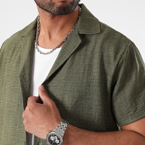 LBO - Conjunto Camisa Manga Corta Y Pantalón Corto Efecto Lino 1210 Verde Caqui