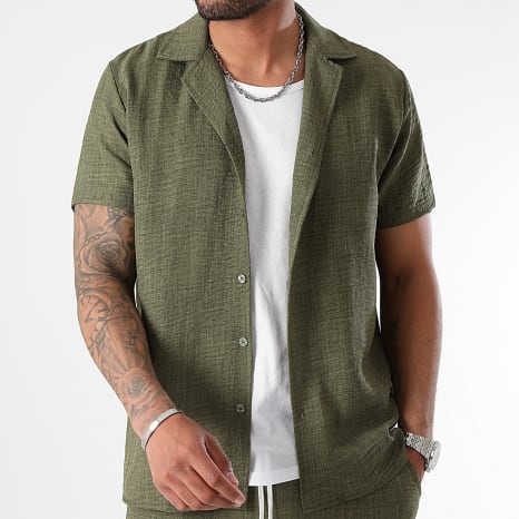 LBO - Conjunto Camisa Manga Corta Y Pantalón Corto Efecto Lino 1210 Verde Caqui