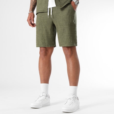 LBO - Conjunto Camisa Manga Corta Y Pantalón Corto Efecto Lino 1210 Verde Caqui