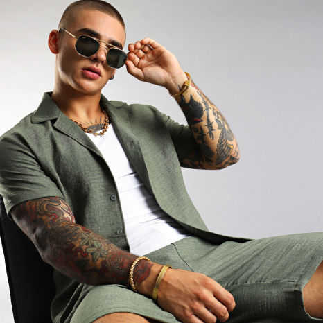 LBO - Conjunto Camisa Manga Corta Y Pantalón Corto Efecto Lino 1210 Verde Caqui