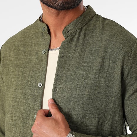 LBO - Ensemble Chemise Manches Longues Col Officier Et Pantalon Effet Lin 1212 Vert Kaki