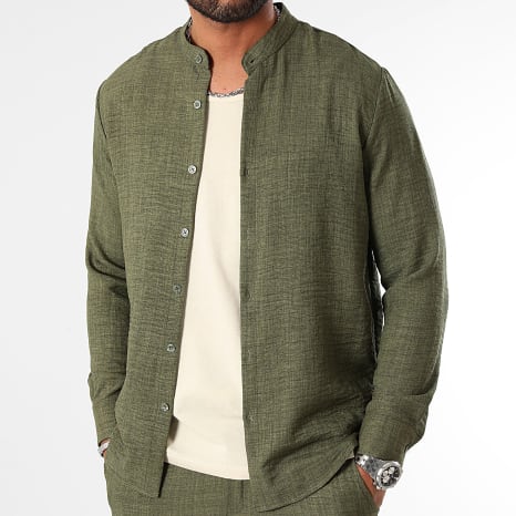 LBO - Ensemble Chemise Manches Longues Col Officier Et Pantalon Effet Lin 1212 Vert Kaki