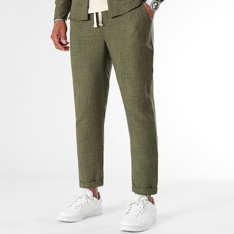 LBO - Ensemble Chemise Manches Longues Col Officier Et Pantalon Effet Lin 1212 Vert Kaki