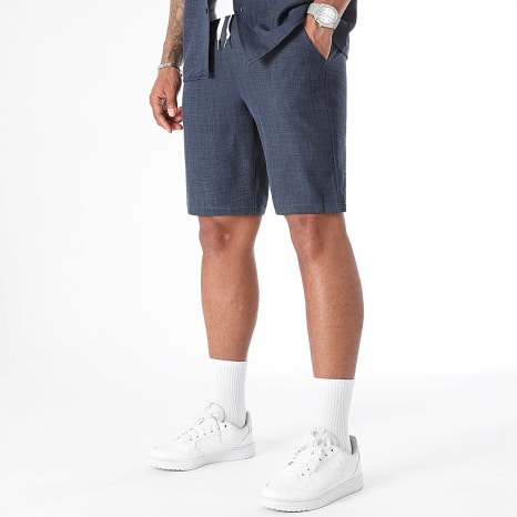 LBO - Ensemble Chemise Manches Courtes Et Short Effet Lin 1323 Bleu Marine