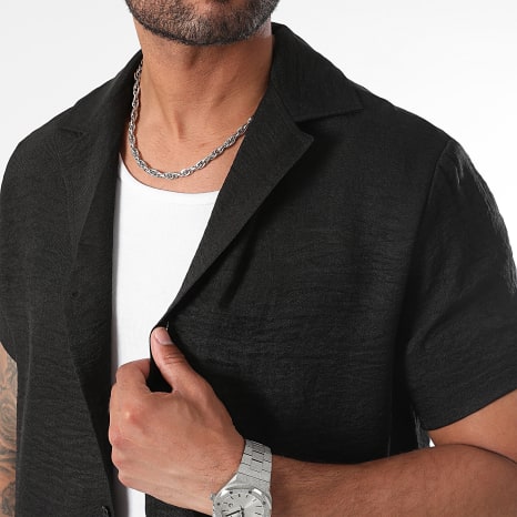 LBO - Conjunto de camisa de manga corta y pantalón corto efecto lino 1324 Negro