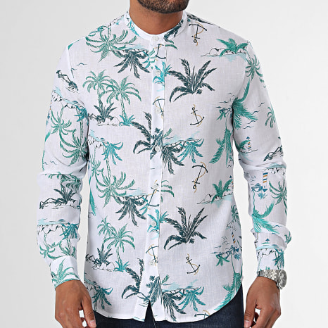 Fins de Séries - Chemise Manches Longues Col Mao Floral YC095 Blanc Vert