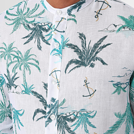 Fins de Séries - Chemise Manches Longues Col Mao Floral YC095 Blanc Vert