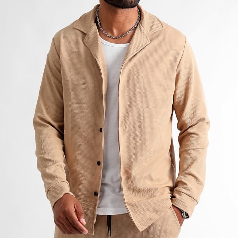 LBO - Ensemble Chemise Manches Longues Et Pantalon Texturé Waffle 1390 Beige