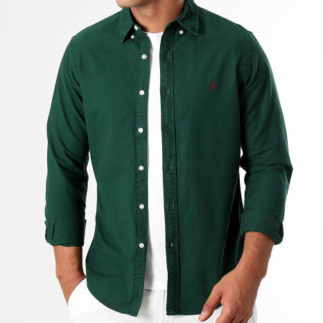 dark green ralph lauren dress shirt Polo Ralph Lauren icon logo slim fit garment dyed oxford shirt in dark green