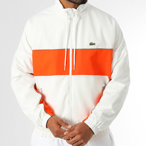 Lacoste - Blanco Naranja Cocodrilo Logotipo Bordado Cremallera Chaqueta