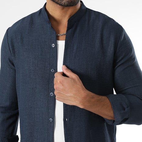 LBO - Ensemble Chemise Manches Longues Col Officier Et Pantalon Effet Lin 1724 Bleu Marine