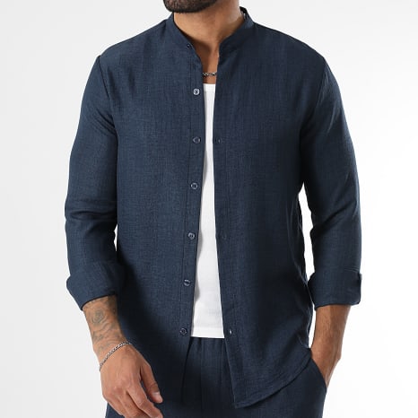 LBO - Ensemble Chemise Manches Longues Col Officier Et Pantalon Effet Lin 1724 Bleu Marine