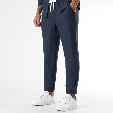 LBO - Ensemble Chemise Manches Longues Col Officier Et Pantalon Effet Lin 1724 Bleu Marine