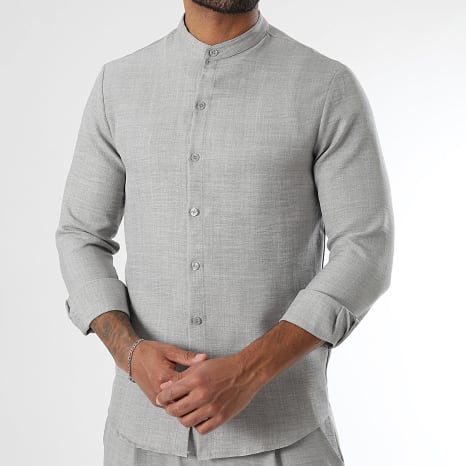 LBO - Ensemble Chemise Manches Longues Col Officier Et Pantalon Effet Lin 1734 Gris