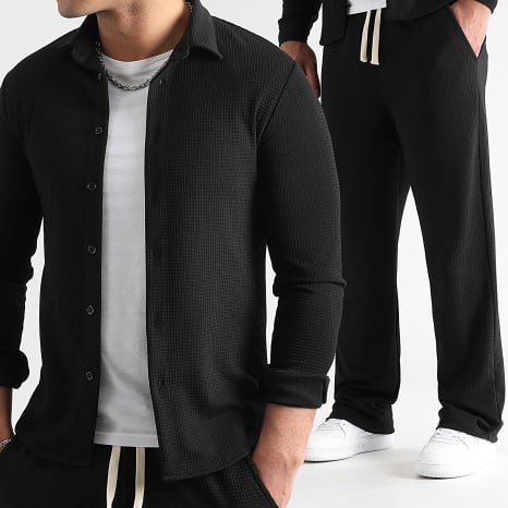 LBO - 1750 Conjunto de camisa y pantalón negro texturizado de pata ancha