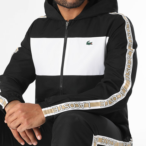 Lacoste - Negro Blanco Cocodrilo Logo Stripe Hooded Zip Jacket