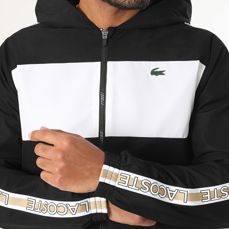 Lacoste - Negro Blanco Cocodrilo Logo Stripe Hooded Zip Jacket