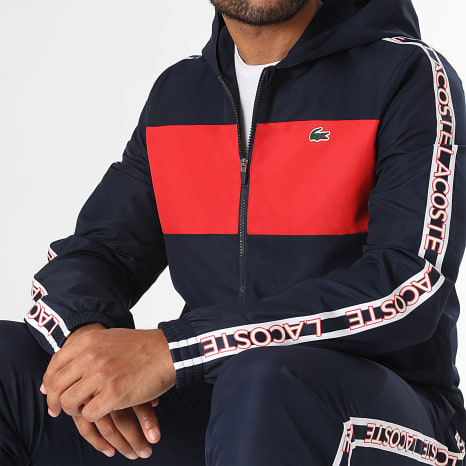 Lacoste - Azul Marino Rojo Cocodrilo Logo Rayas Chaqueta con capucha y cremallera