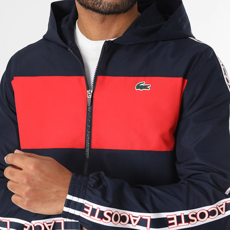 Lacoste - Azul Marino Rojo Cocodrilo Logo Rayas Chaqueta con capucha y cremallera