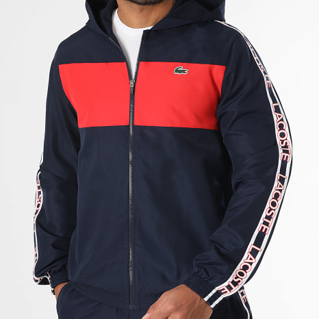 Lacoste - Azul Marino Rojo Cocodrilo Logo Rayas Chaqueta con capucha y cremallera