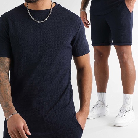 LBO - Ensemble Tee Shirt Oversize Et Short Jogging Texturé Waffle 1758 Bleu Marine