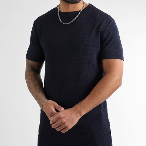 LBO - Ensemble Tee Shirt Oversize Et Short Jogging Texturé Waffle 1758 Bleu Marine