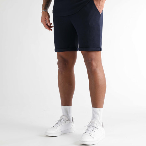 LBO - Ensemble Tee Shirt Oversize Et Short Jogging Texturé Waffle 1758 Bleu Marine