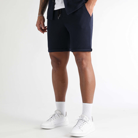 LBO - Ensemble Chemise Manches Courtes Et Short Texturé Waffle 1761 Bleu Marine