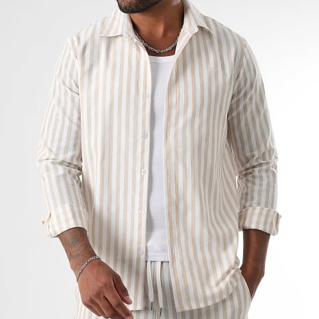 LBO - Conjunto de camisa de manga larga y pantalón de raya ancha 1767 Beige Blanco