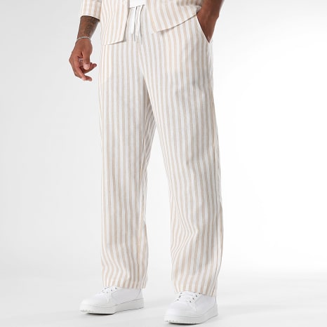 LBO - Conjunto de camisa de manga larga y pantalón de raya ancha 1767 Beige Blanco