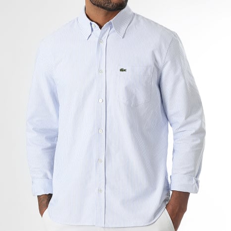Lacoste - Chemise Manches Longues A Rayures Poche Logo Brodé Crocodile Regular Fit Bleu Clair