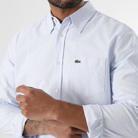 Lacoste - Chemise Manches Longues A Rayures Poche Logo Brodé Crocodile Regular Fit Bleu Clair