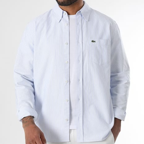 Lacoste - Chemise Manches Longues A Rayures Poche Logo Brodé Crocodile Regular Fit Bleu Clair