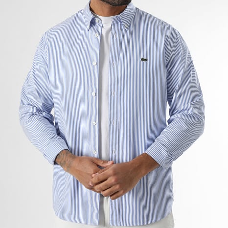 Lacoste - Camisa Manga Larga Rayas Bordado Logo Cocodrilo Regular Fit Azul Claro Blanco