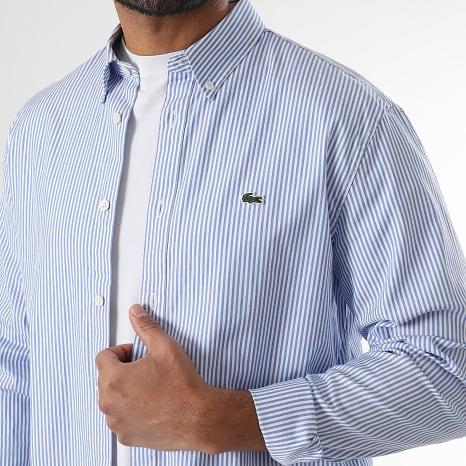 Lacoste - Camisa Manga Larga Rayas Bordado Logo Cocodrilo Regular Fit Azul Claro Blanco