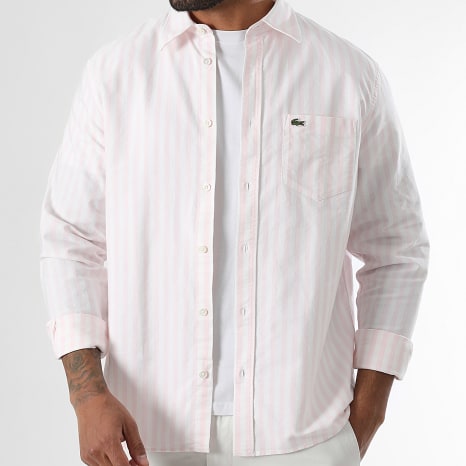 Lacoste - Chemise Manches Longues A Rayures Logo Brodé Crocodile Regular Fit Rose Blanc