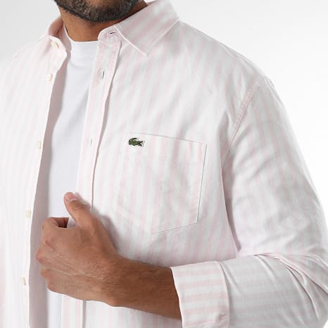 Lacoste - Chemise Manches Longues A Rayures Logo Brodé Crocodile Regular Fit Rose Blanc