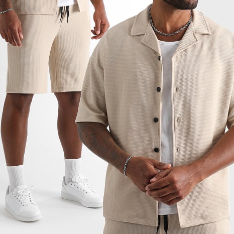 LBO - Relaxed Textured Waffle 1829 Beige Short Sleeve Shirt And Short Jogging Shorts Large Set