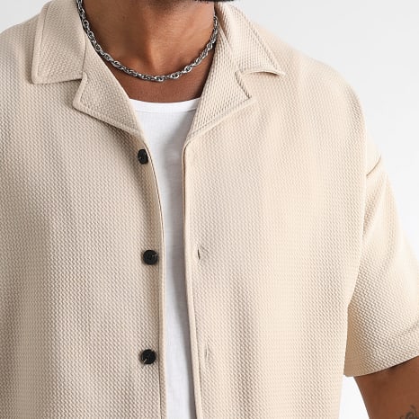 LBO - Relaxed Textured Waffle 1829 Beige Short Sleeve Shirt And Short Jogging Shorts Large Set