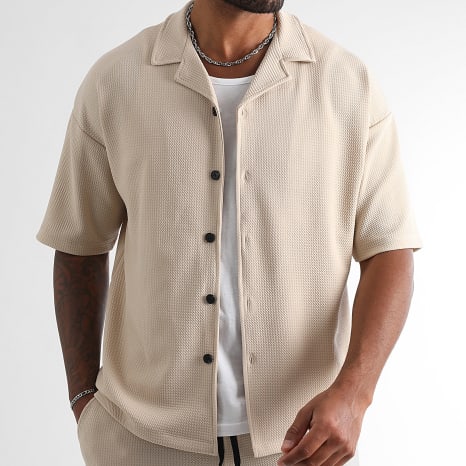 LBO - Relaxed Textured Waffle 1829 Beige Short Sleeve Shirt And Short Jogging Shorts Large Set