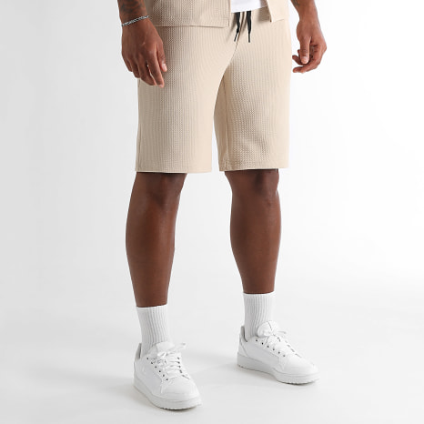 LBO - Relaxed Textured Waffle 1829 Beige Short Sleeve Shirt And Short Jogging Shorts Large Set