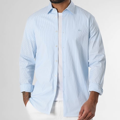Lacoste - Camisa Manga Larga Slim Logo Cocodrilo Bordado Azul Claro Blanco