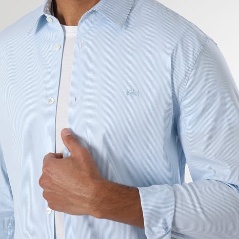 Lacoste - Camisa Manga Larga Slim Logo Cocodrilo Bordado Azul Claro Blanco