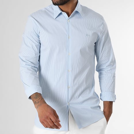 Lacoste - Camisa Manga Larga Slim Logo Cocodrilo Bordado Azul Claro Blanco