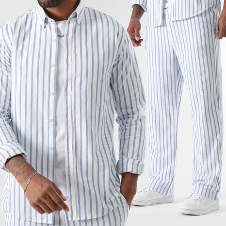 LBO - Conjunto Camisa Manga Larga Slim Y Pantalón Ancho A Rayas 3777 Blanco Azul Claro