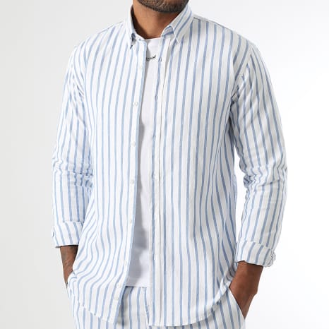 LBO - Conjunto Camisa Manga Larga Slim Y Pantalón Ancho A Rayas 3777 Blanco Azul Claro