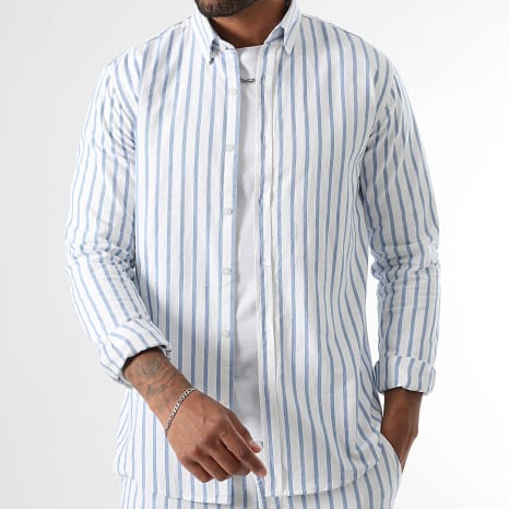 LBO - Conjunto Camisa Manga Larga Slim Y Pantalón Ancho A Rayas 3777 Blanco Azul Claro