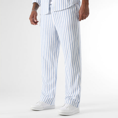 LBO - Conjunto Camisa Manga Larga Slim Y Pantalón Ancho A Rayas 3777 Blanco Azul Claro